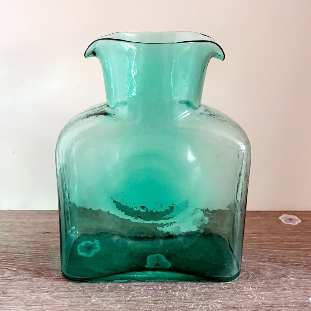 Vintage MCM Blenko AQUA PITCHER Water Bottle DOUBLE SPOUT Hand Blown Glass EUC